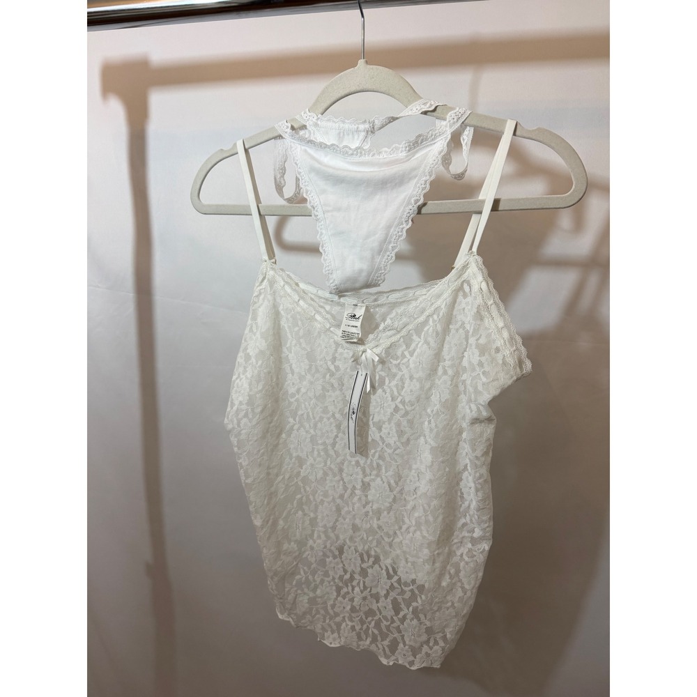 NWT Pink VS White Lace Lingerie Set‎ Camisole & V-String Large Sexy Sleepwear